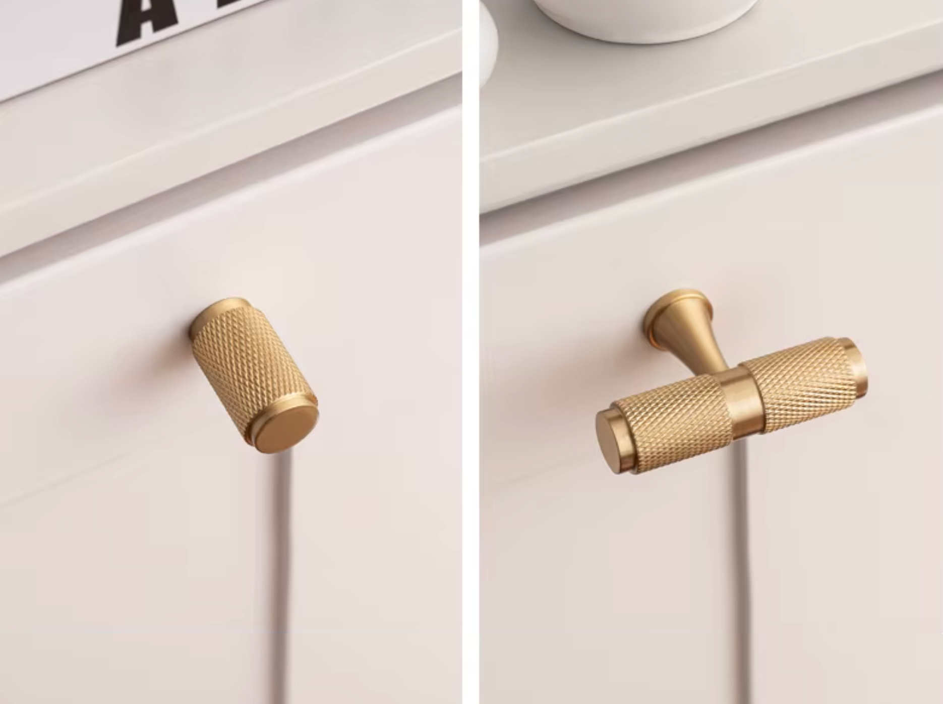 A split view showing two views of a brushed brass cabinet knob mounted on a white cabinet door.