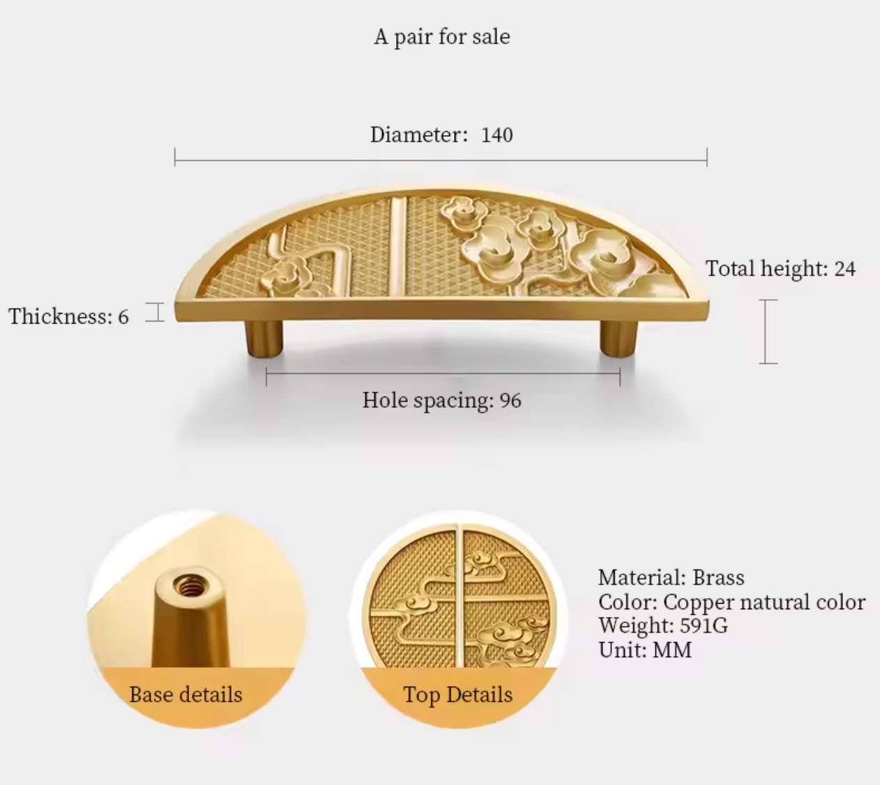 A brass decorative tray or plaque shown on a light gray background with dimension labels, including diameter 140, thickness 6, total height 24, and hole spacing 96. Two inset detail circles at the bottom show the base detail and top details, with text noting material is brass and color is copper natural color.