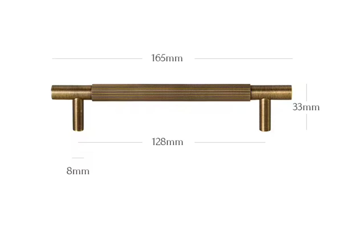 A brass cabinet pull handle with dimension annotations showing a width of 165mm, a handle length of 128mm, a stem diameter of 8mm, and a height of 33mm on a white background.