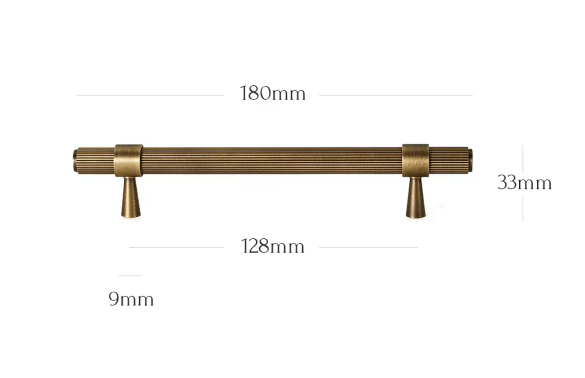 A brass cabinet pull handle with dimension annotations showing a length of 180mm, a width of 128mm, a height of 33mm, and a tip depth of 9mm on a white background.