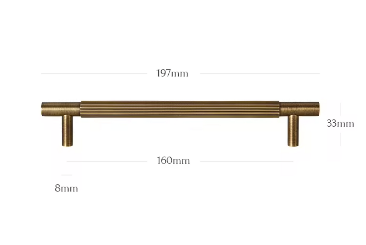 An antique bronze pull handle with dimension markings showing a width of 197mm, a depth of 33mm, and a mounting hole size of 8mm, on a solid white background.