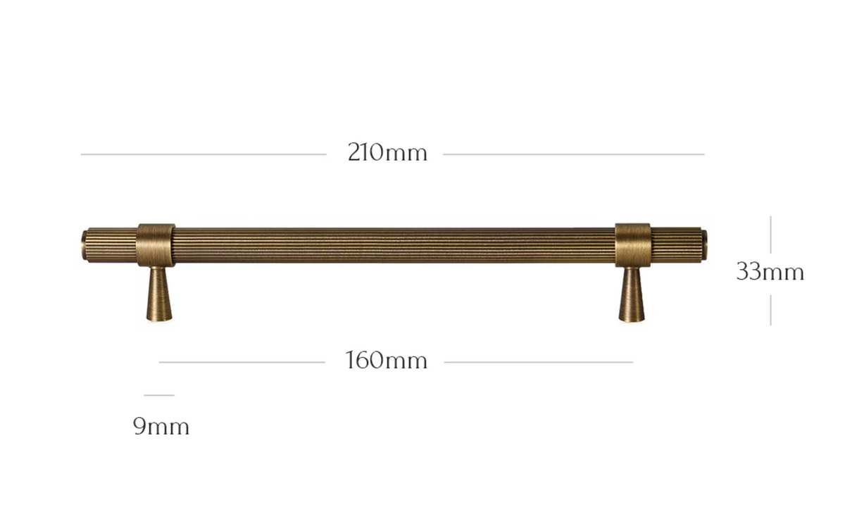 A brass cabinet pull handle with dimension markings showing a length of 210mm, a width of 160mm, a height of 33mm, and a tip diameter of 9mm on a white background.