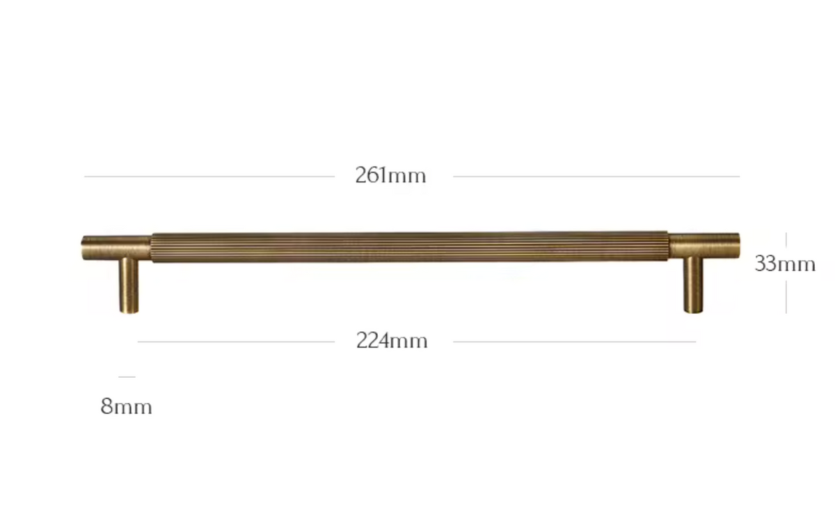 A brass cabinet pull handle with dimension markings showing a length of 224mm, a width of 261mm, a height of 33mm, and a base width of 8mm on a white background.