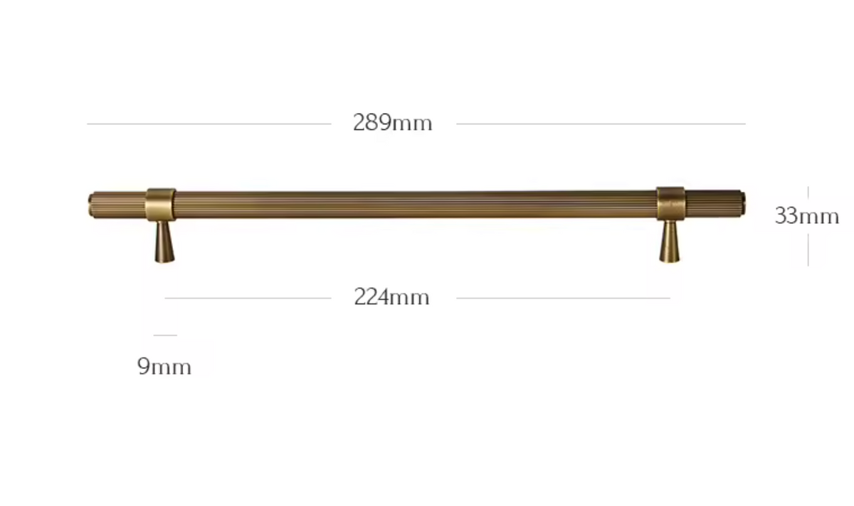 A brass bathroom towel bar with dimension markings showing a total length of 289mm, a mounting height of 33mm, a mounting width of 224mm, and a tip flange depth of 9mm, on a plain white background.