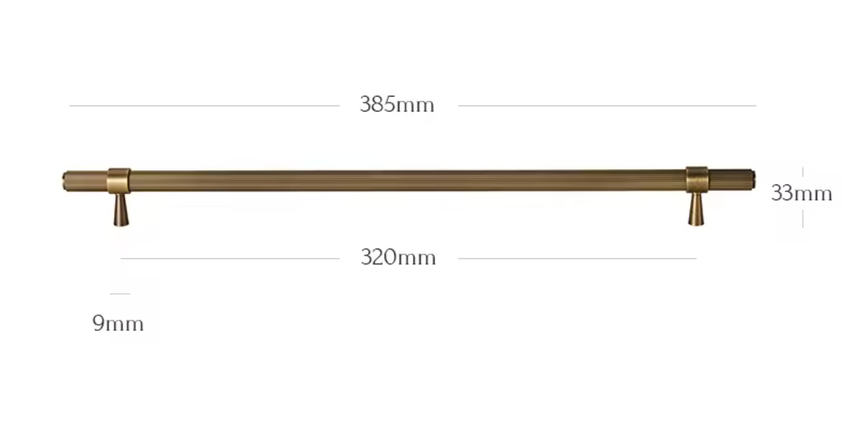 A long horizontal cabinet or rod pull with two small vertical feet, shown on a white background with dimension labels: 385mm total length, 320mm center span, 33mm width, and 9mm height.