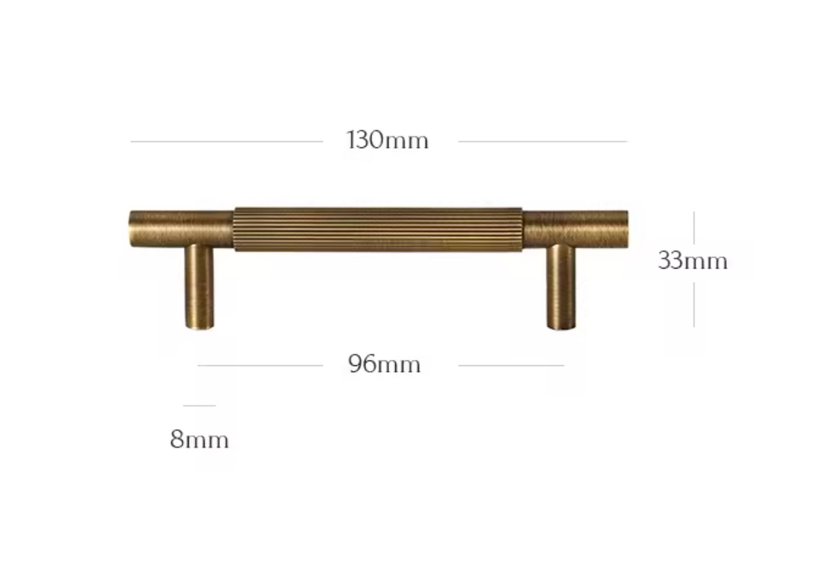 A brass T-bar cabinet pull handle shown with dimension annotations: 130mm width, 96mm center span, 8mm post width, and 33mm height, on a plain white background.
