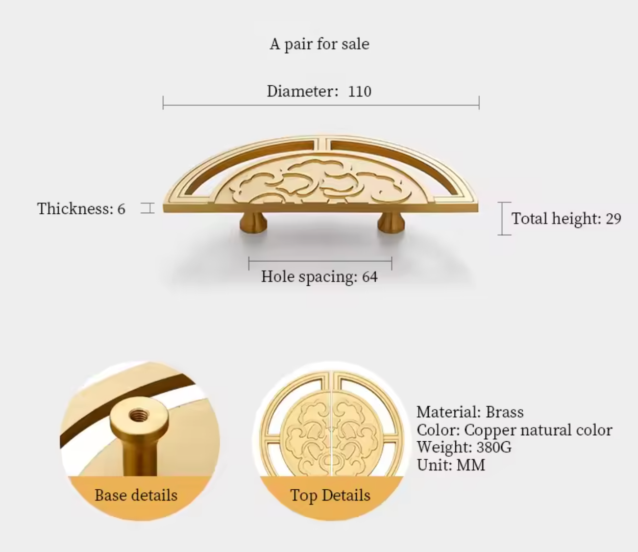 Gold brass drawer pull handle with decorative scrollwork, showing dimension measurements, close-up base detail, and top detail on a light gray background.