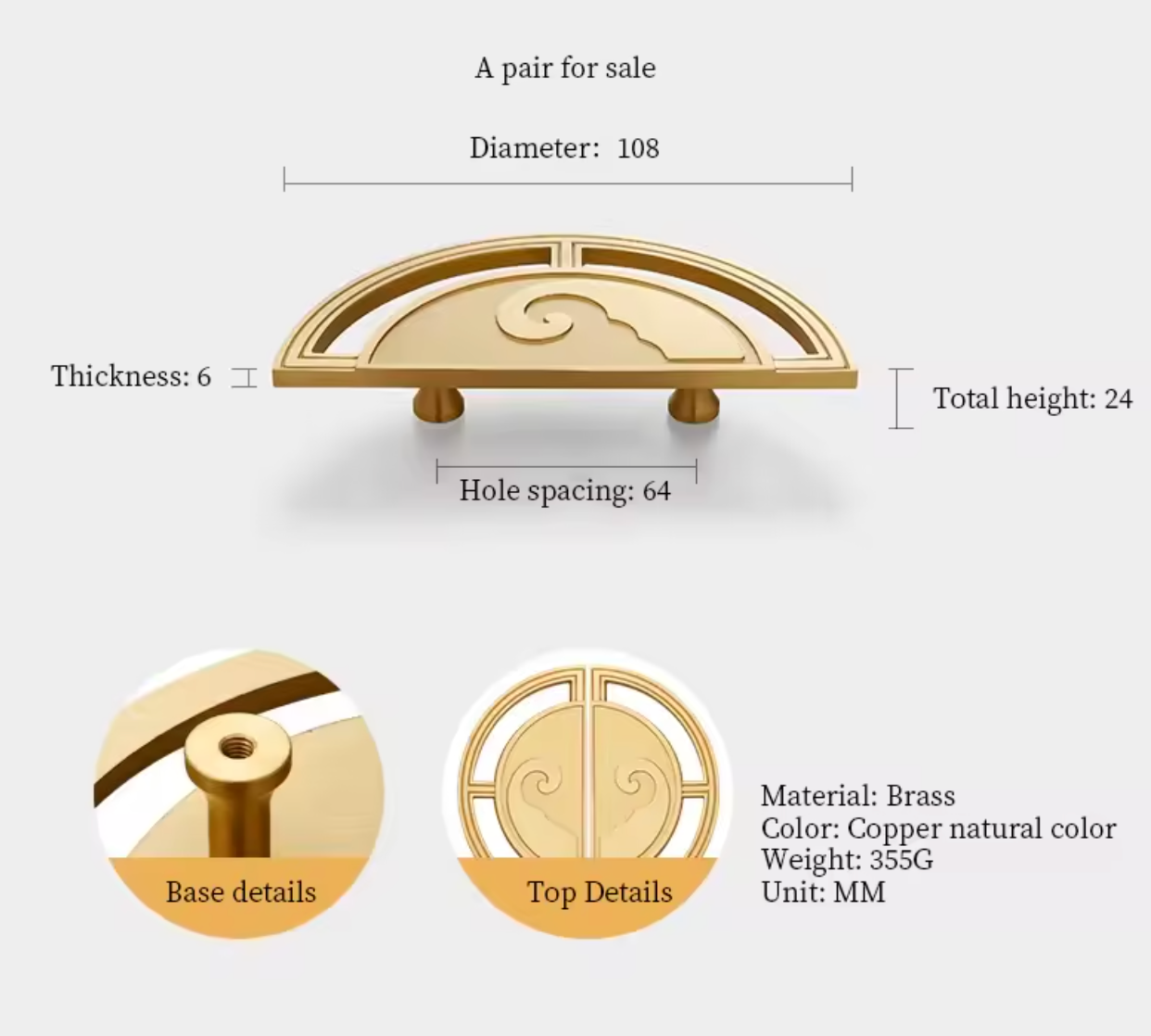 A brass cabinet pull handle shown with dimension labels and detail callouts on a light gray background. The image includes measurements for diameter, thickness, total height, and hole spacing, plus close-up views of the base and top details, with text noting the material is brass and the color is copper natural color.