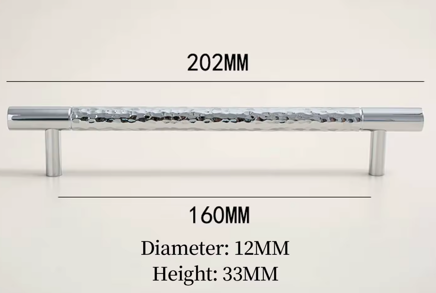 A chrome cabinet pull handle with a hammered texture in the center and polished ends, shown with dimension lines and text indicating 202mm length, 160mm width, 12mm diameter, and 33mm height on a light background.