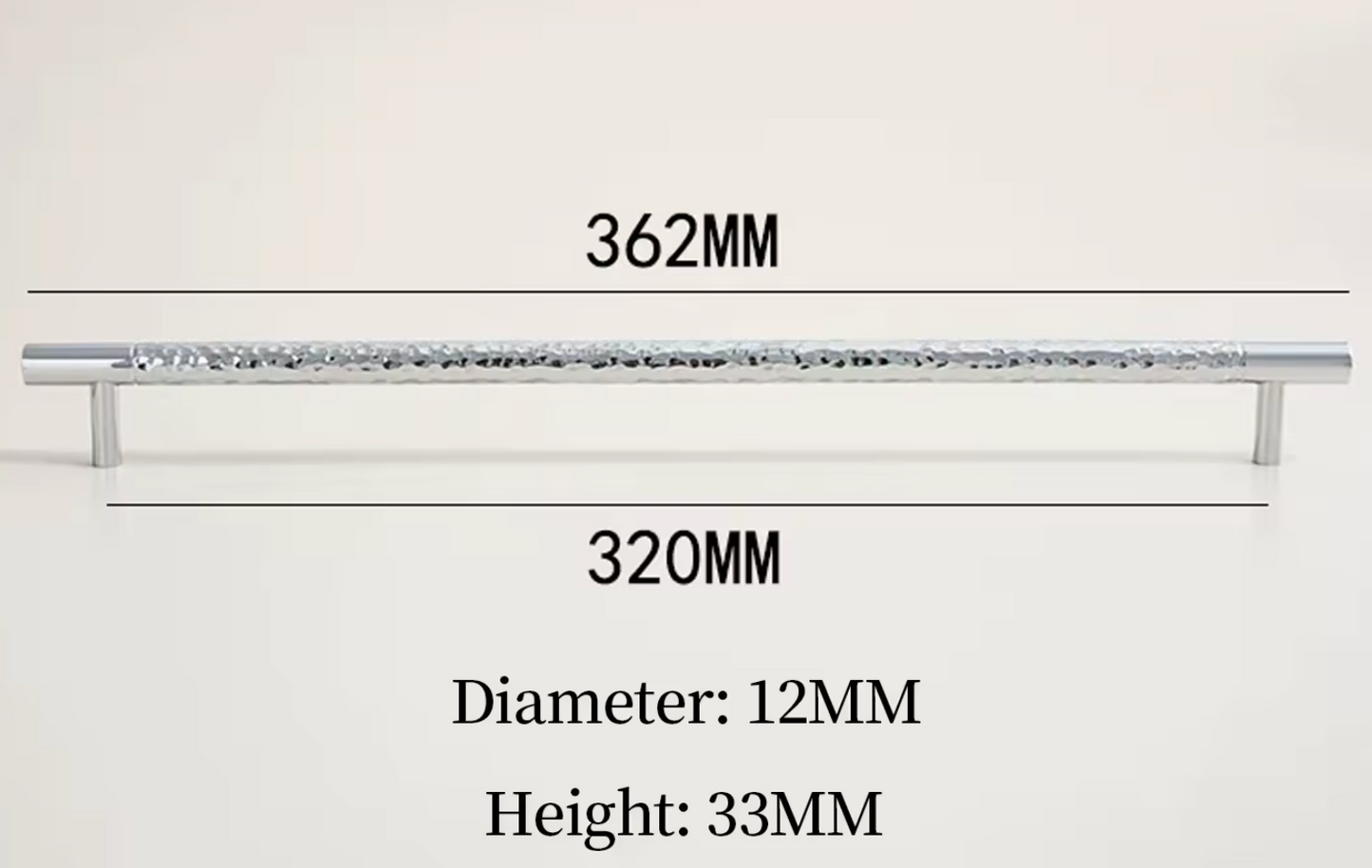 A long polished metal cabinet or door pull handle shown on a plain light background with dimension labels: 362 mm length, 320 mm width, 12 mm diameter, and 33 mm height.