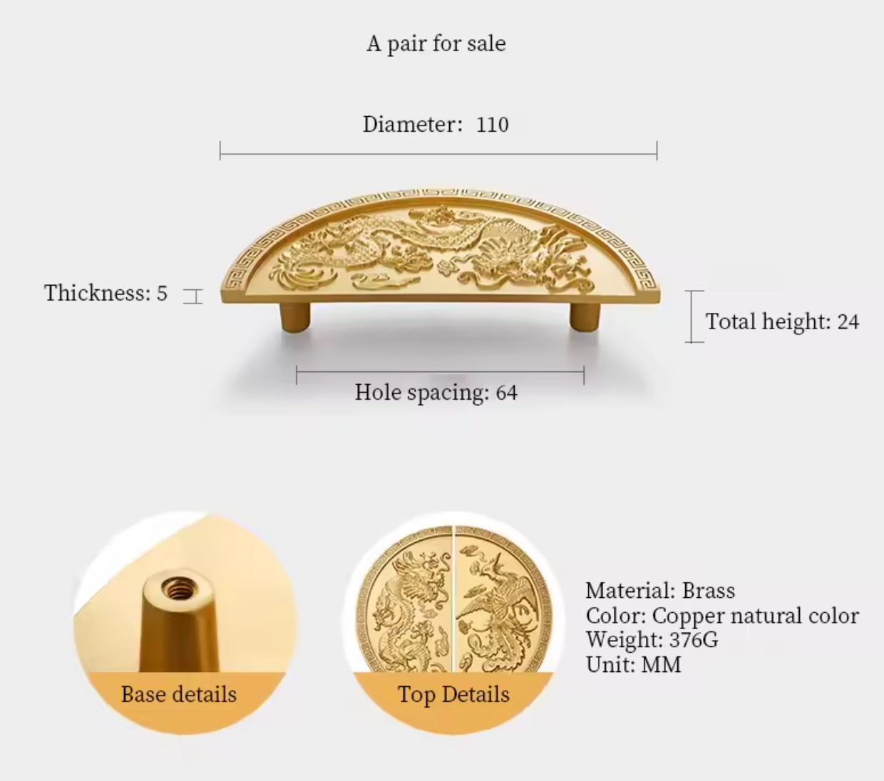 A product dimension diagram showing a pair of ornate brass drawer pulls with detailed dragon engravings. The image includes measurements for diameter (110), thickness (5), total height (24), and hole spacing (64), along with close-up circular insets showing the base detail and top engraving details.