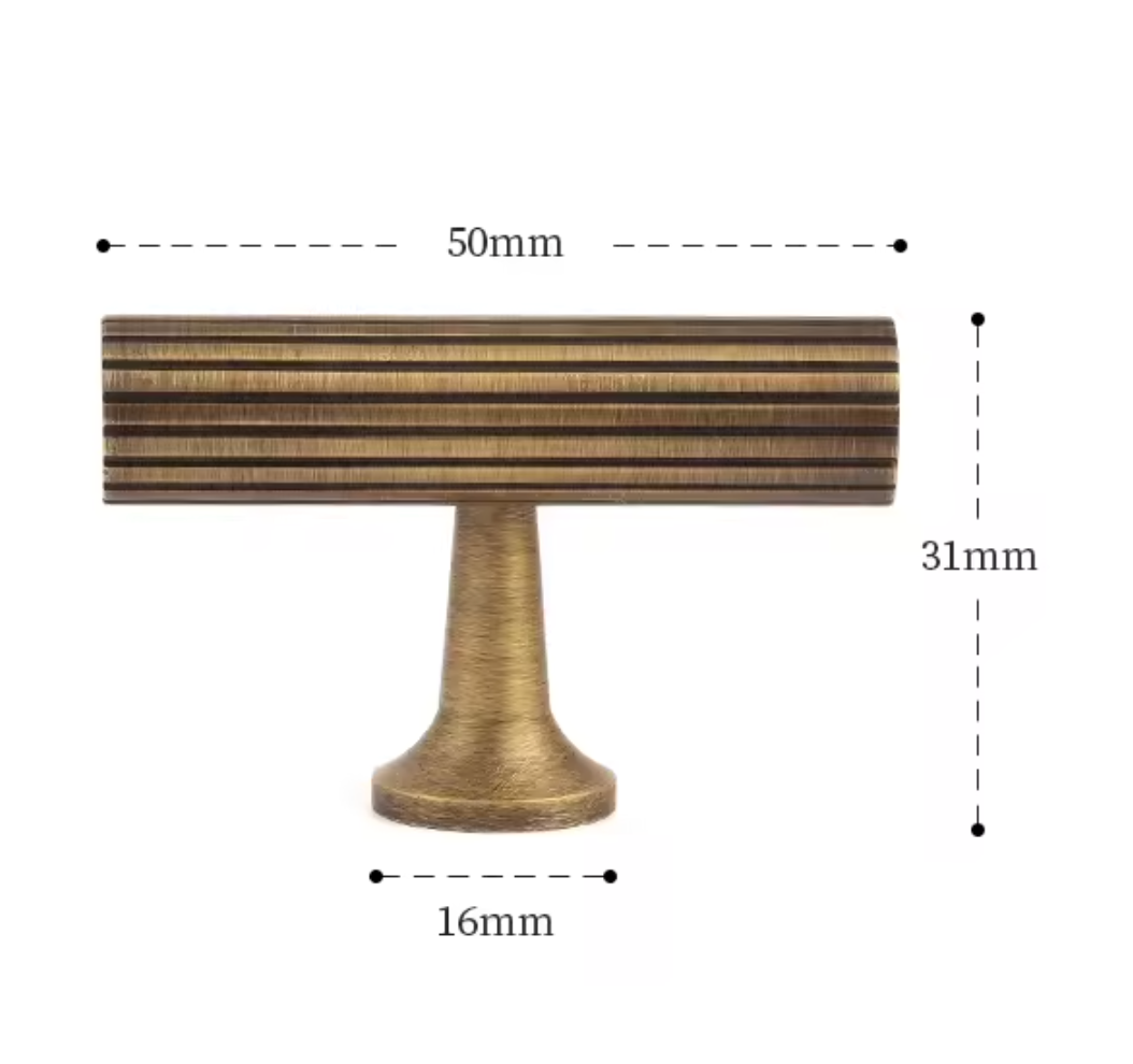 A brass cabinet knob with dimension markings showing a width of 50mm, height of 31mm, and base diameter of 16mm on a white background.