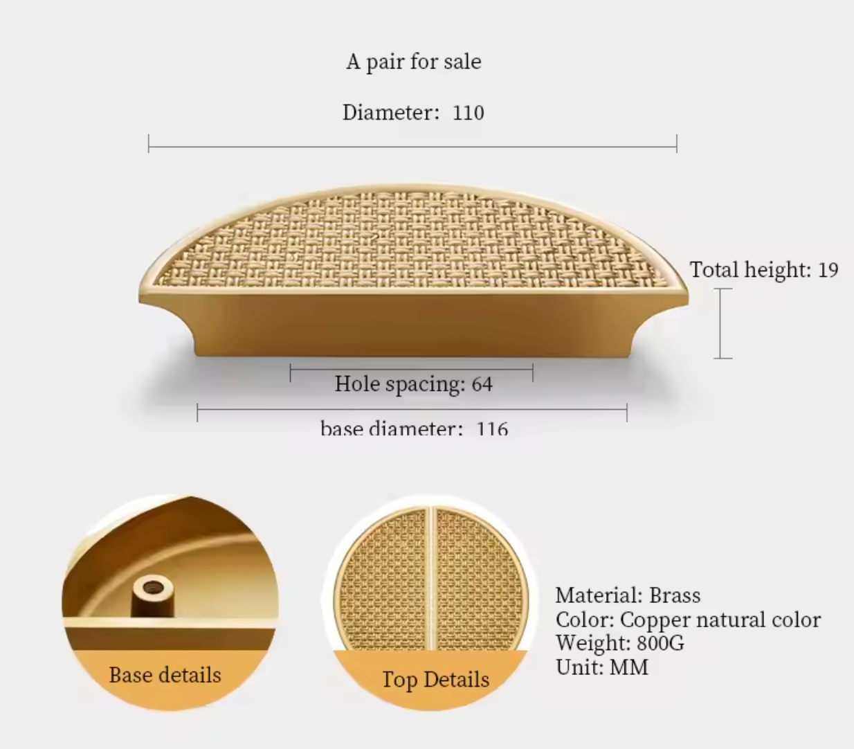 A product dimension diagram showing a copper-toned woven mat or tray with labeled measurements including diameter 110, total height 19, hole spacing 64, and base diameter 116. Two circular detail insets at the bottom show the base detail and top weave details, with text noting material as brass, color as copper natural color, weight 800G, and unit MM.