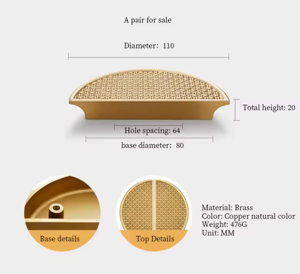 A product dimension diagram showing a round brass hair roller with measurements for diameter, base diameter, hole spacing, and total height. Two circular detail insets at the bottom show the base detail and top weave details, with text noting the material is brass, color is copper natural color, weight is 476G, and the unit is MM.