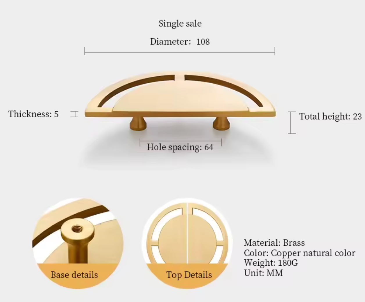 A brass cabinet knob shown on a light gray background with dimension labels and detail callouts. The top view shows a semi-circular brushed brass pull with a natural copper-brass finish.
