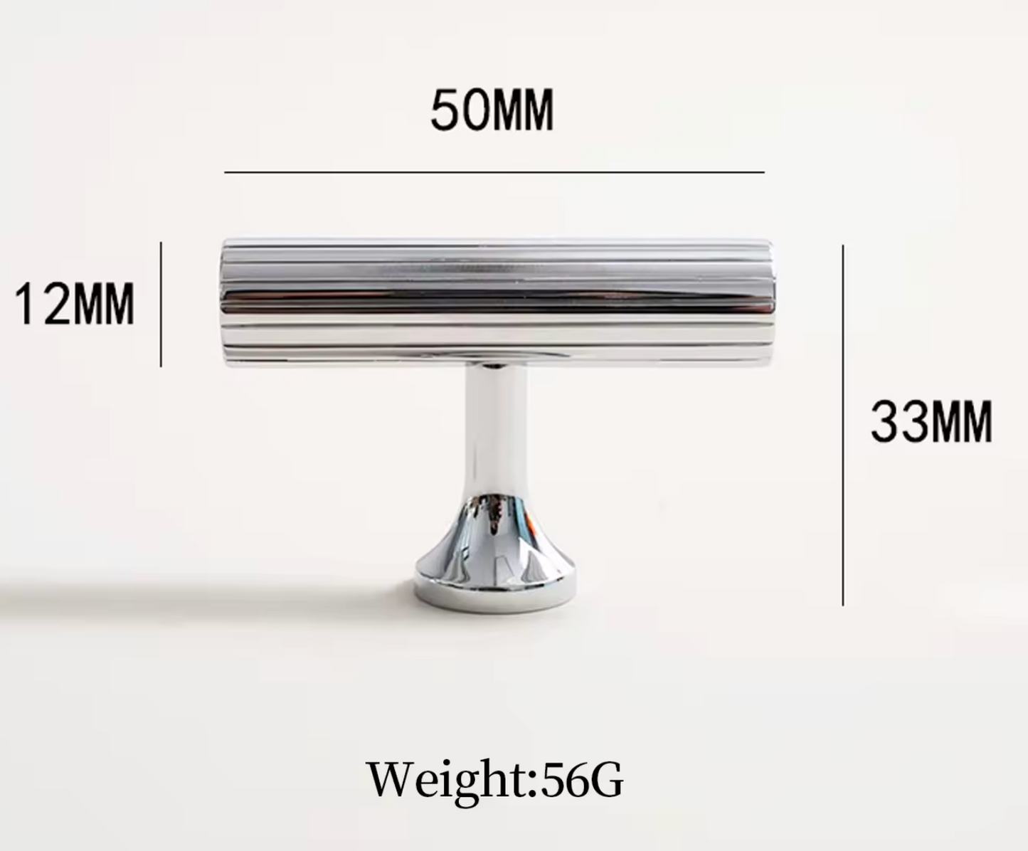 A polished chrome T-bar cabinet knob shown on a clean white background with dimension lines and text indicating measurements: 50mm width, 12mm height, 33mm depth, and weight 56G.