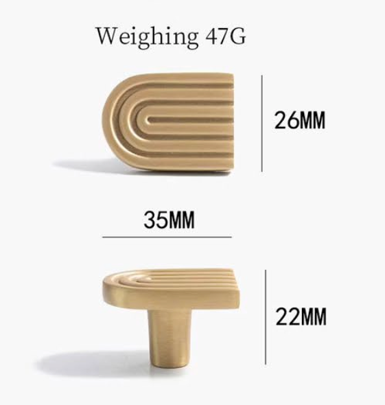 A brass cabinet knob shown with dimension labels and weight text on a light gray background. The top view shows a curved, ribbed knob with measurements 35mm by 26mm, and the bottom view shows a square-profiled knob with measurements 22mm.