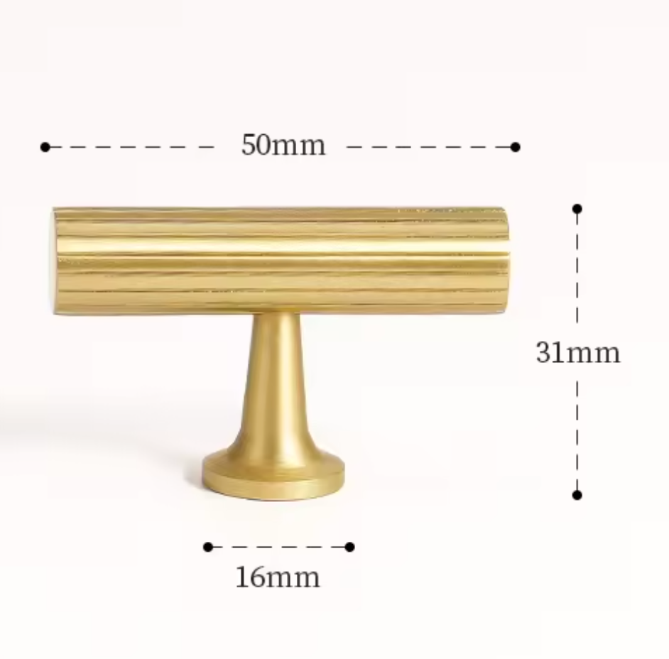 A brass cabinet knob with dimension markings showing a width of 50mm, height of 31mm, and base diameter of 16mm on a white background.