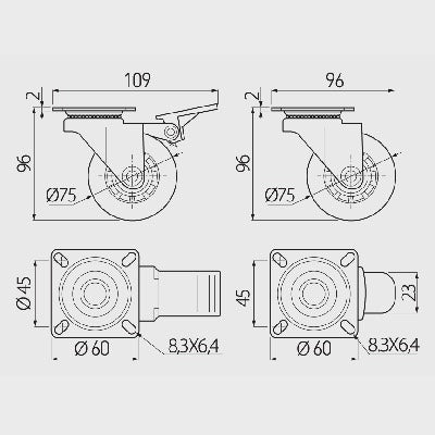 Castor-Wheels-Swivel-Furniture-75mm-Wheel-with-brake-KM-RD-75-SF