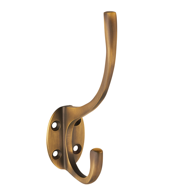 A single curved wall hook with an antique bronze finish, featuring a mounting plate with three screw holes, shown against a plain white background.