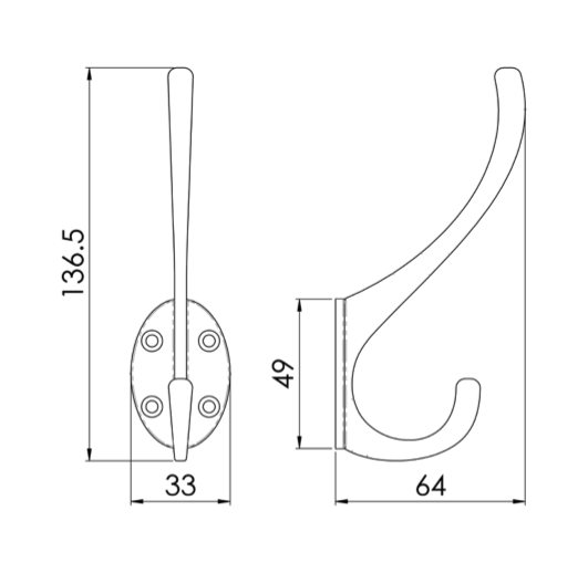 Technical line drawing of a wall hook with dimension annotations showing overall height 136.5, width 33, hook depth 49, and hook base width 64.