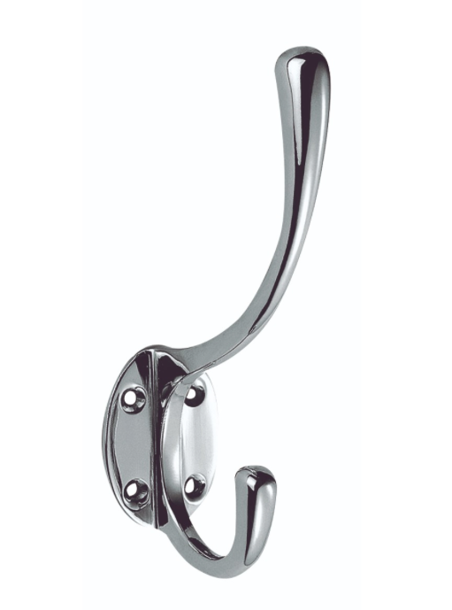 A polished chrome double hook wall hook with a single curved hook and a mounting plate with two visible screws, shown against a plain white background.