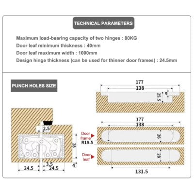 Concealed Adjustable Invisible Door Hinge 80kg