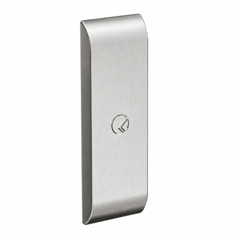 A brushed silver metal cover with a minimalist circular logo in the center, shown on a plain white background.
