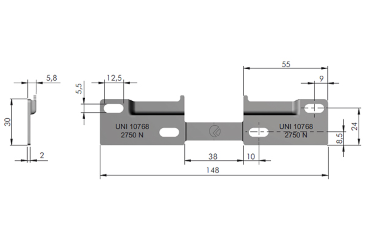 Technical dimension drawing of a metal mechanical component, showing side and front cross-section views with measurements and the text 'UNI 10768 2750 N'.