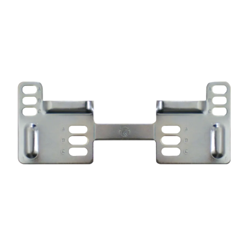 A silver metal mounting bracket or hardware clip with pre-drilled screw holes, shown against a plain white background.
