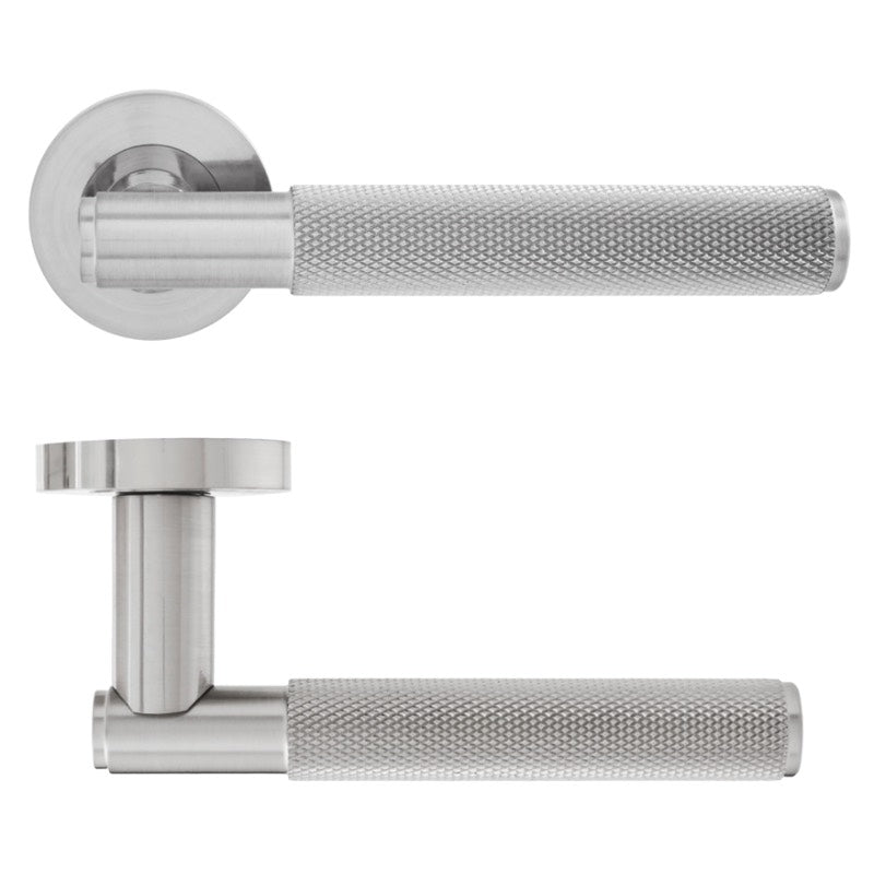 Eclipse Knurled Insignia Lever Door Handle On Rose Satin Nickel