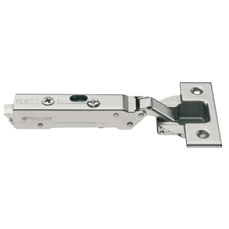 A polished stainless steel hinge, specifically a T-MAZE brand cabinet hinge, shown from a side profile view against a solid white background.