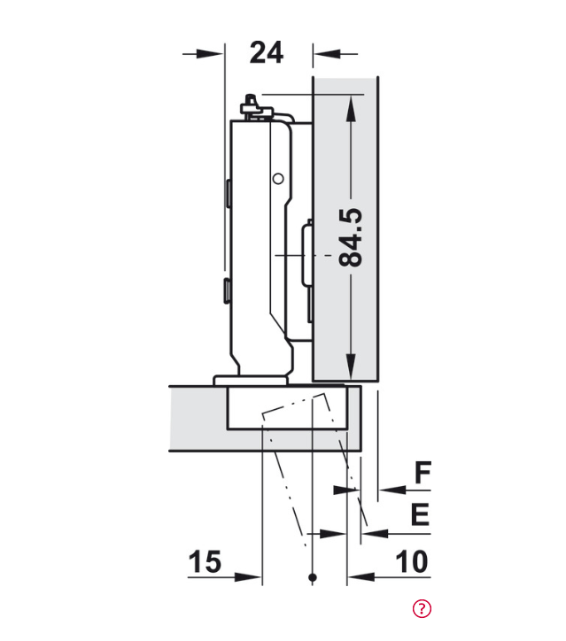 Technical dimension diagram showing a side profile of a mounting bracket or fixture with measurements labeled 24, 84.5, 15, 10, and F on a white background.