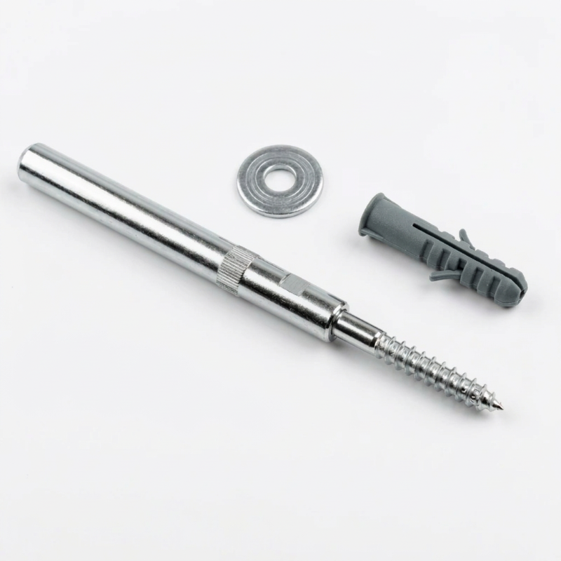 A wall anchor set consisting of a silver metal threaded rod, a gray plastic wall plug, and a matching flat washer, displayed on a clean white background.