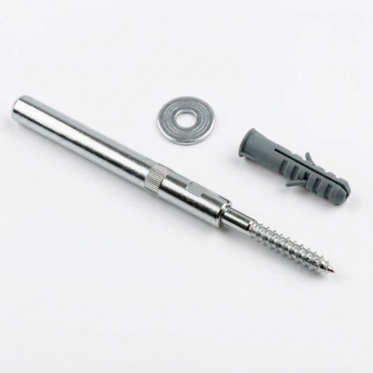 A wall anchor set consisting of a silver metal threaded rod, a gray plastic wall plug, and a matching flat washer, displayed on a clean white background.
