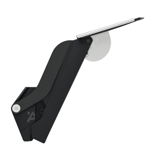 A black folding tablet mount shown in an open position on a plain white background, with a silver tablet partially inserted.