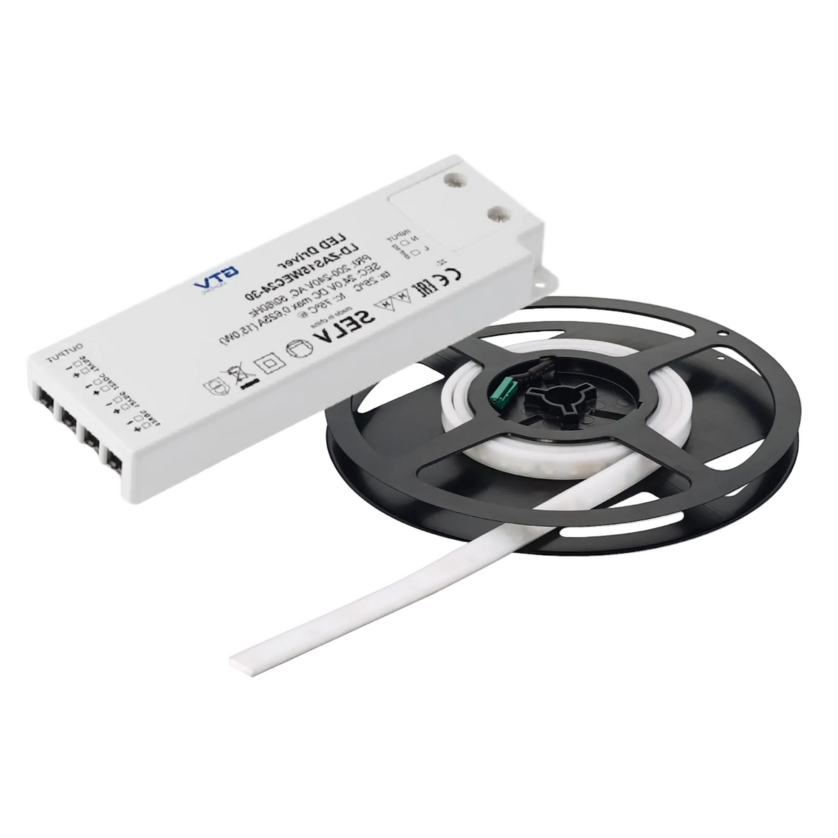 A white LED driver module and a spool of white LED strip light cable, shown on a clean white background.