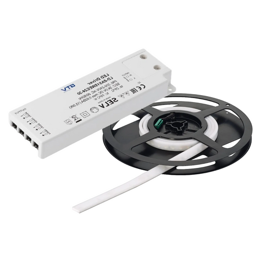 A white LED driver module and a spool of white LED strip light cable, shown on a clean white background.