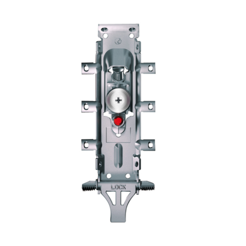 A LOCK brand metal door stopper with a silver aluminum body, a central silver circular plate with a plus sign, a small red button, and threaded ends at the bottom, shown on a plain white background.