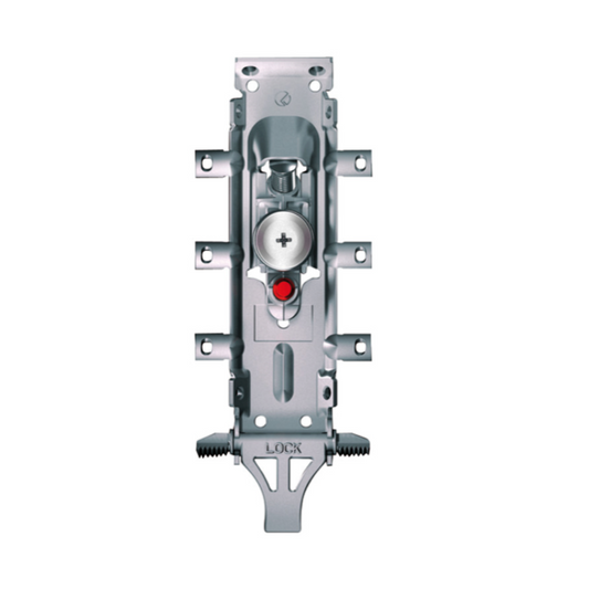 A LOCK brand metal door stopper with a silver aluminum body, a central silver circular plate with a plus sign, a small red button, and threaded ends at the bottom, shown on a plain white background.