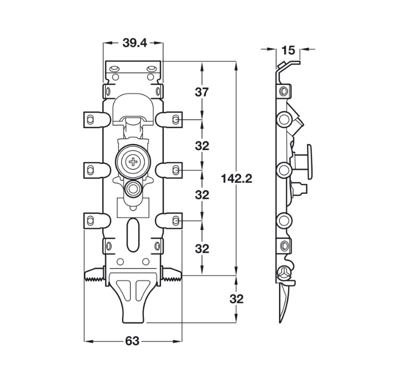 Technical line drawing showing the dimensions of a mechanical mounting component, with front and side profile views and measurement labels in millimeters.