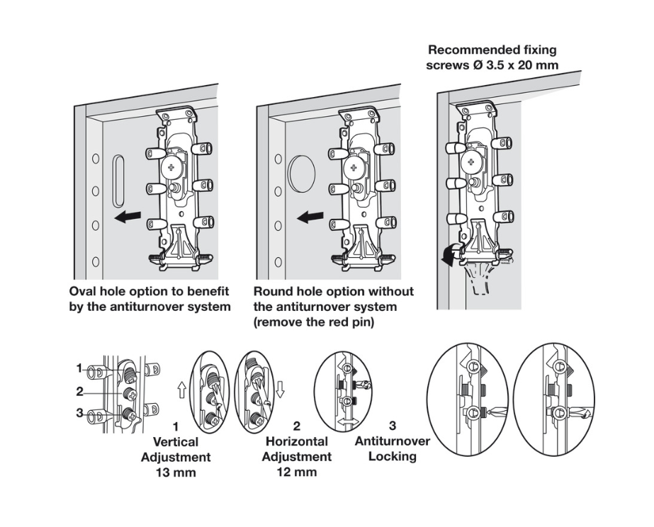Instruction diagram showing how to install and adjust a latch lockset, with three panel-mounted assembly views, dimension callouts, and close-up detail insets explaining vertical adjustment, horizontal adjustment, and antilockering.