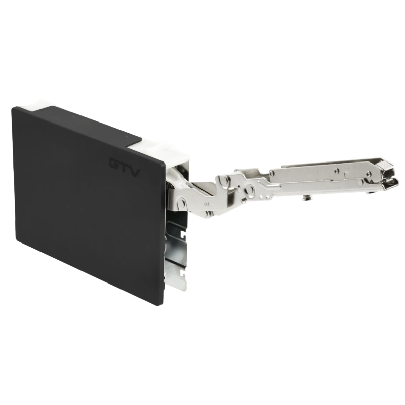 A close-up of a black and silver hinge or latch mechanism, with the word 'GTV' printed on the black section, shown against a plain white background.