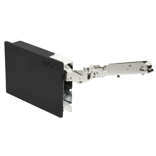 A close-up of a black and silver hinge or latch mechanism, with the word 'GTV' printed on the black section, shown against a plain white background.