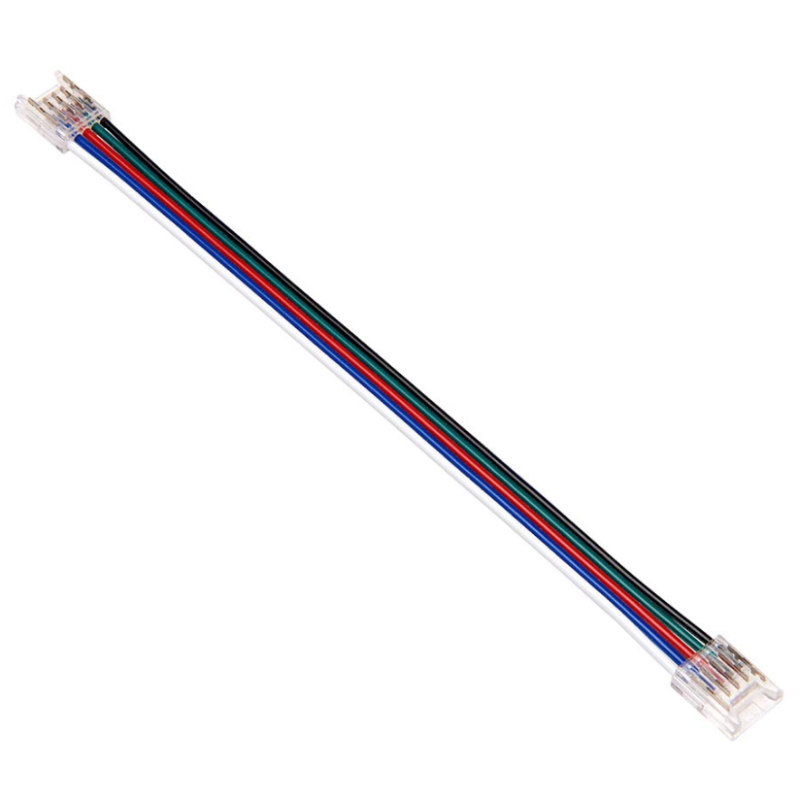 A multi-pin flat cable connector with four colored wires (green, red, blue, and black) inside a clear plastic housing, shown diagonally on a white background.