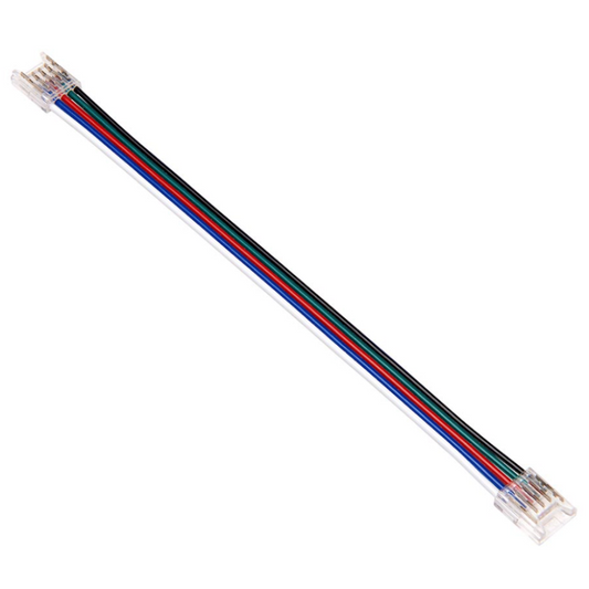 A multi-pin flat cable connector with four colored wires (green, red, blue, and black) inside a clear plastic housing, shown diagonally on a white background.