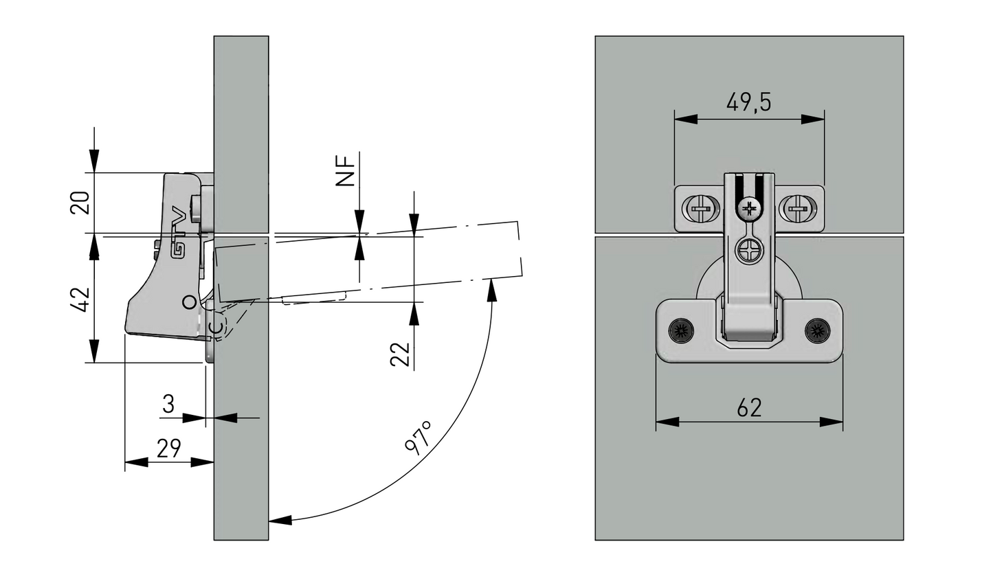 Cabinet Hinge Soft Close 90° Short Arm Parallel Angular Blind Corner