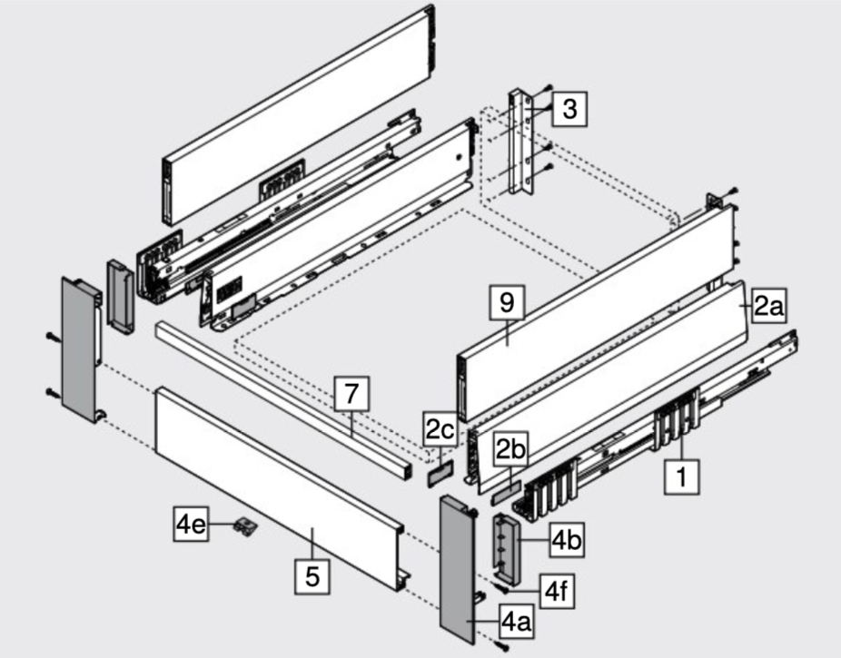 Blum MERIVOBOX Drawer Set E Height Gallery INTERNAL Orion Grey