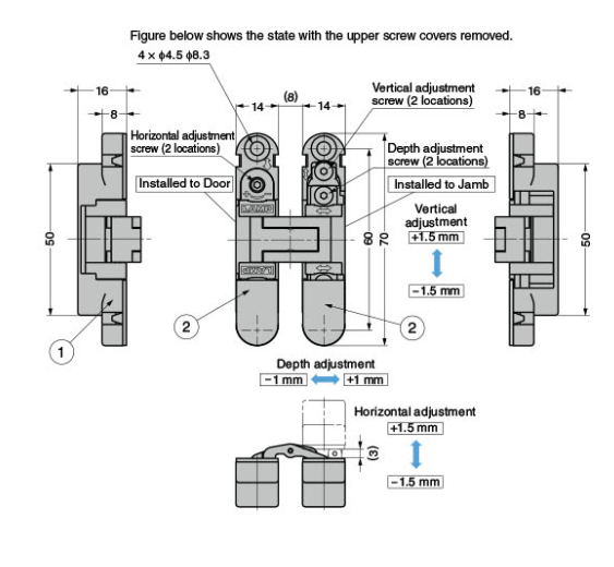 Concealed Adjustable Small Sugatsune HES3D-70 Door Hinge