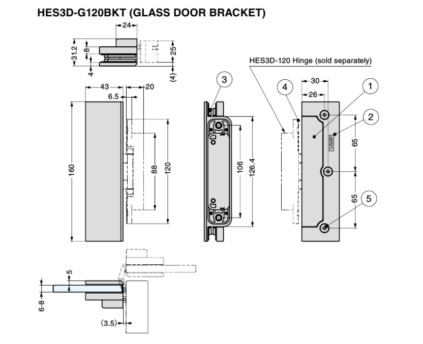 Glass Bracket for Concealed Sugatsune HES3D-120 Door Hinge